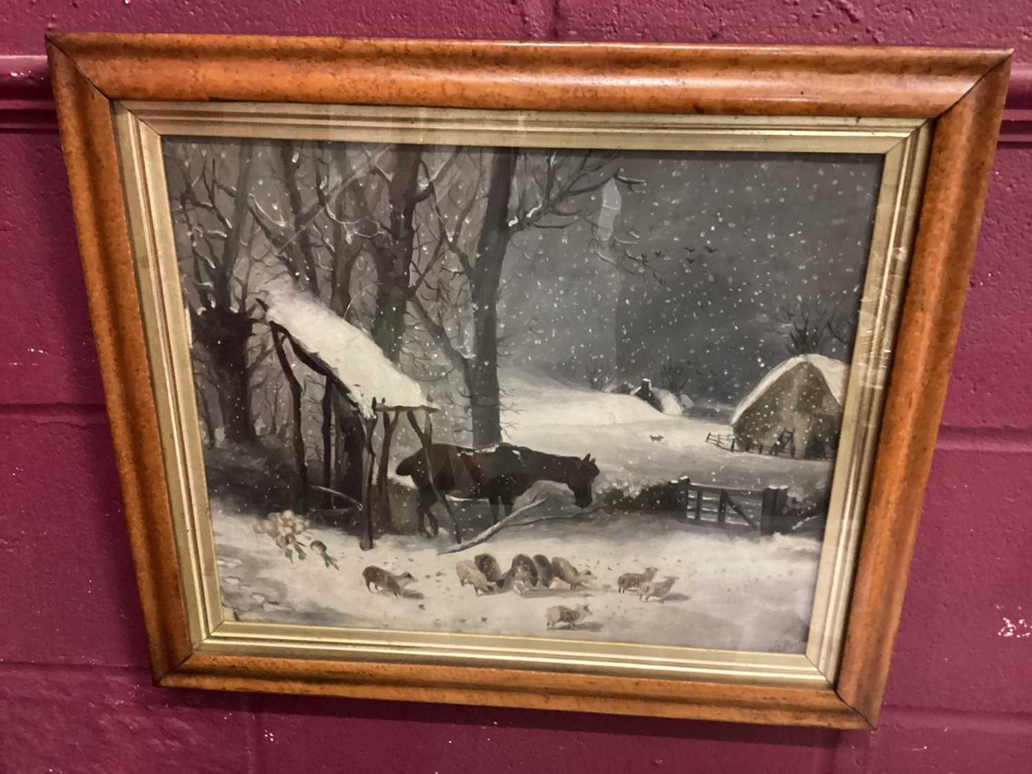 Lot 91 - V.Price a late 19th century oil on board of a farmyard scene in the snow, in maple frame 35 x 43cm