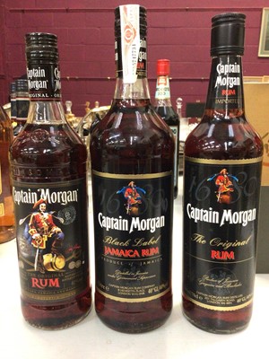 Lot 321 - Three bottles of Captain Morgan rum- one black label 1litre and two orignal 700ml/70cl