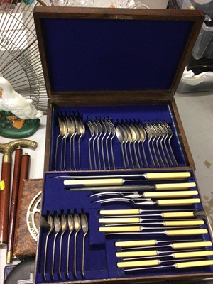 Lot 330 - Canteen of plated cutlery, boxed flatware, trench art small coal scuttle, fan shaped fire guard, other brass and metal ware