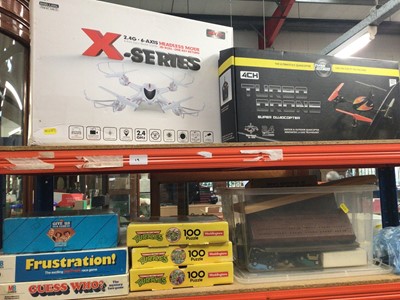 Lot 360 - X-Series 6 Axis Gyro Quad-copter and a Turbo Drone Super Quadcopter, both boxed, together with toy cars, games and puzzles