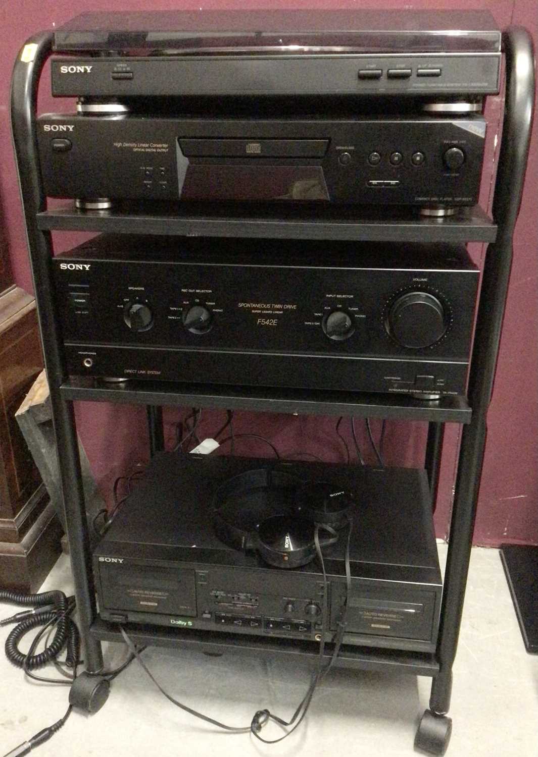 Lot 336 - Sony stack stereo system including a stereo turntable system PS-LX3000USB, compact disc player CDP-XE270, integrated stereo amplifier TA-F542E and a stereo cassette deck TC-WR635S, all on a portabl...