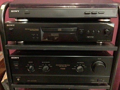 Lot 336 - Sony stack stereo system including a stereo turntable system PS-LX3000USB, compact disc player CDP-XE270, integrated stereo amplifier TA-F542E and a stereo cassette deck TC-WR635S, all on a portabl...