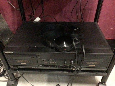 Lot 336 - Sony stack stereo system including a stereo turntable system PS-LX3000USB, compact disc player CDP-XE270, integrated stereo amplifier TA-F542E and a stereo cassette deck TC-WR635S, all on a portabl...