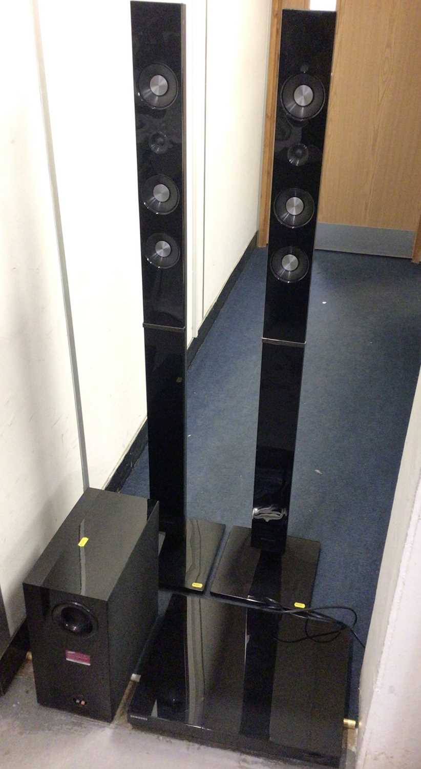 Lot 337 - Samsung home cinema system comprising of 3D Blu-ray player, model no. HT-C6930W/XEU, subwoofer speaker system, model no. PS-CW1, pair of floor standing speakers, model no. PS-FC6730W and a selectio...