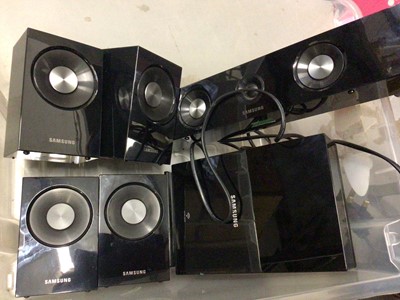Lot 337 - Samsung home cinema system comprising of 3D Blu-ray player, model no. HT-C6930W/XEU, subwoofer speaker system, model no. PS-CW1, pair of floor standing speakers, model no. PS-FC6730W and a selectio...