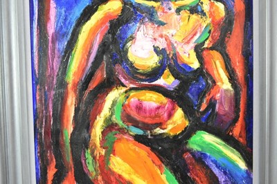 Lot 1159 - *Colin Moss (1914-2005) oil on board - Seated Nude Torso, signed and dated '90, 75cm x 57cm, in painted frame