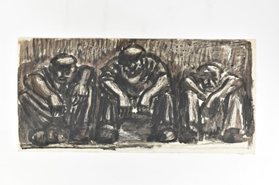 Lot 1164 - *Colin Moss (1914-2005) watercolour on paper - Three seated workmen, studio stamp verso, 34cm x 71.5cm, unframed