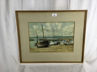 Lot 46 - Ernest Denton watercolour study of beached boats, signed, in glazed frame 44cm x 54.5cm overall