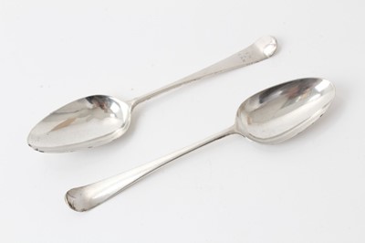 Lot 241 - Pair 18th century Hanoverian Fancy Back tablespoons, engraved on the reverse of handles S T over I N 1771 and G L over I N 1771 respectively, second spoon also later engraved on front of stem IN t...