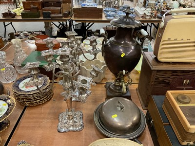 Lot 455 - Pair of silver plated candelabra, a silver plated serving dish and a copper samovar.