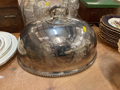 Lot 451 - 19th century silver plated serving dome with engraved armorial.