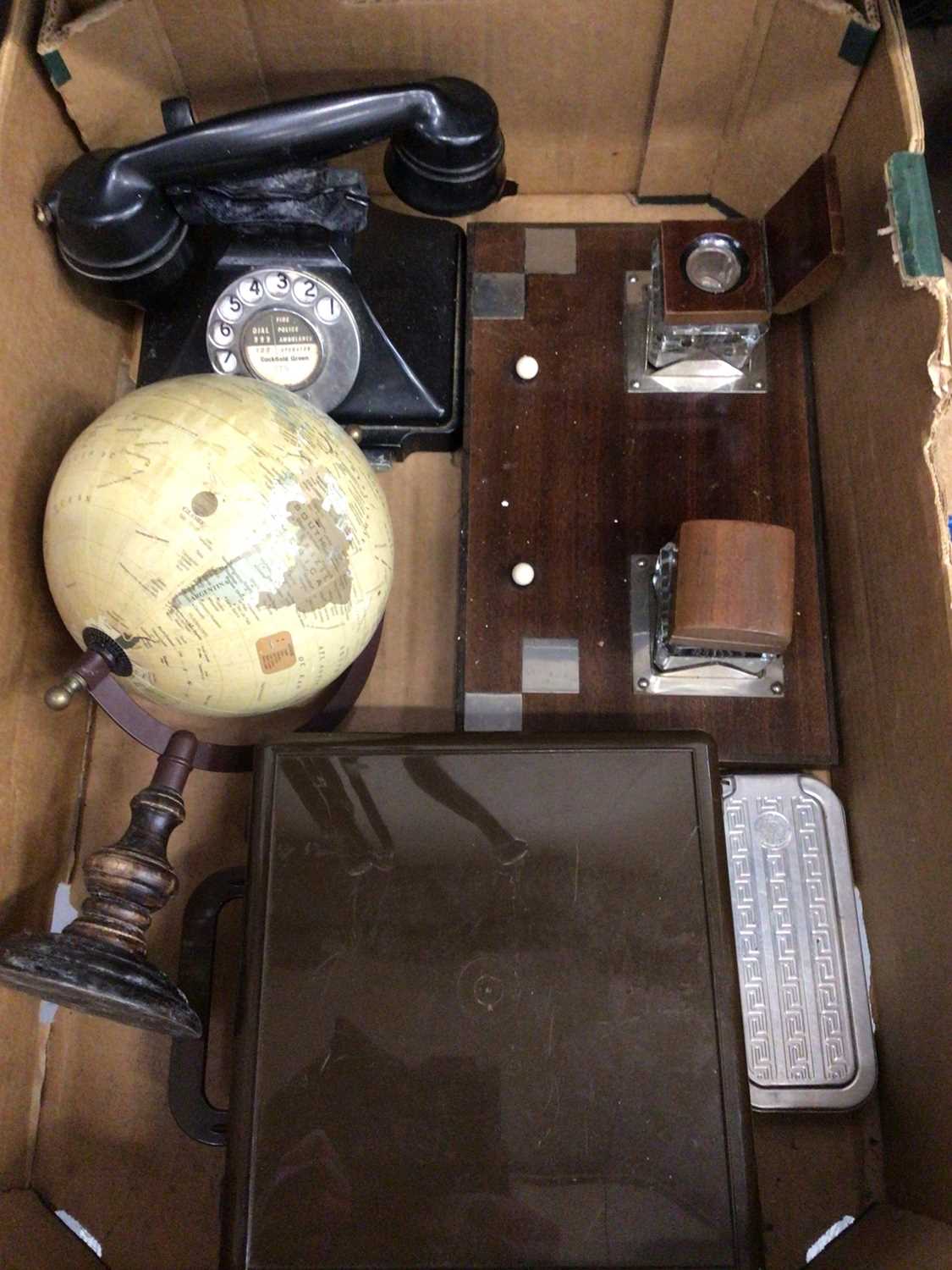 Lot 101 - Box of sundries, including a globe, a telephone, a sextant and a desk stand