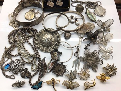 Lot 807 - Group of silver and white metal jewellery including filigree brooches, butterfly and other insect brooches,   bangles, chains etc