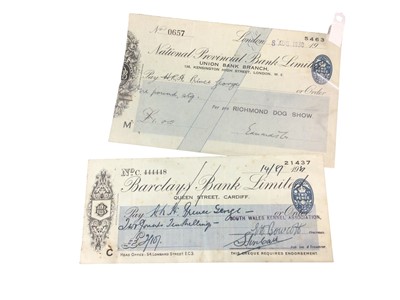 Lot 69 - H.R.H. Prince George Duke of Kent, two endorsed cheques and lot ephemera relating to his prize Great Dane