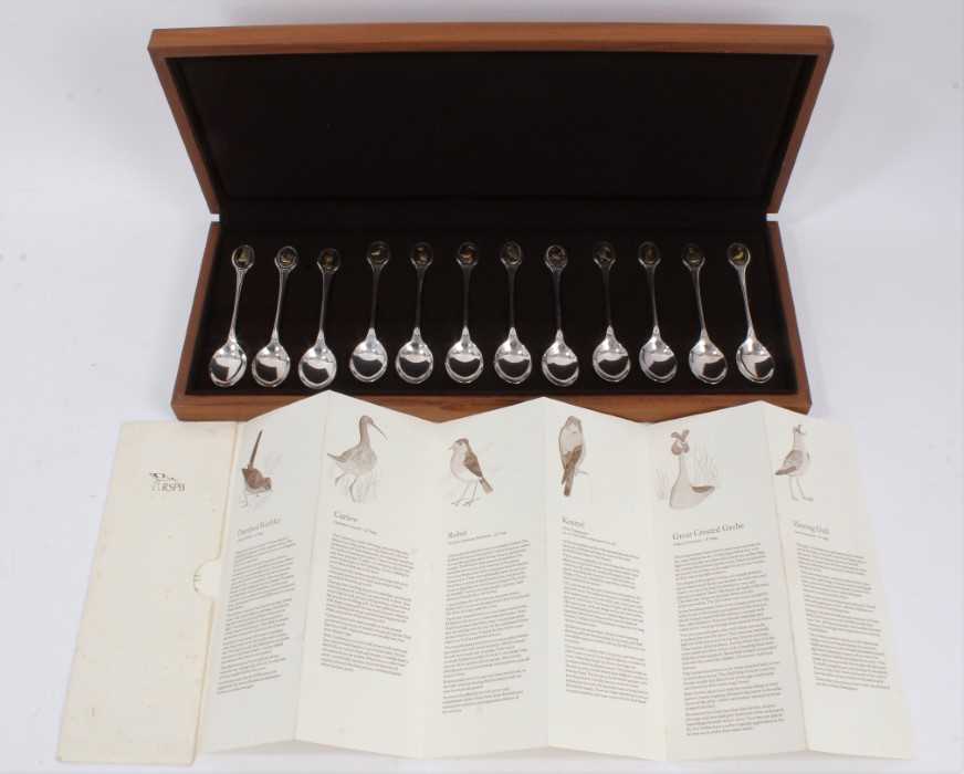 Lot 881 - Cased set of twelve RSPB silver teaspoons