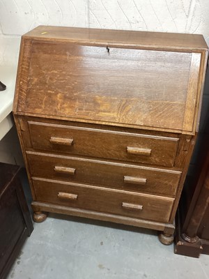 Lot 1092 - Oak bureau with three drawers on turned feet, 79cm wide, 41cm deep, 100cm high