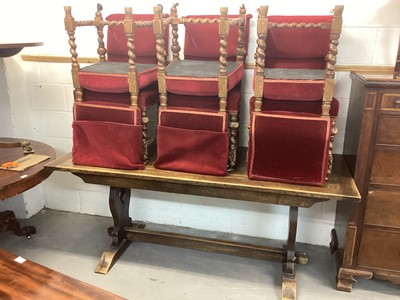 Lot 1099 - Oak refrectory table on shaped end standards joined by stretcher, 184cm wide, 76.5cm deep, 76cm high