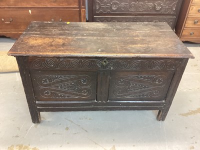 Lot 1108 - Antique oak coffer with carved panelled front, 113cm wide, 54cm deep, 63cm high