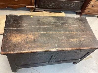 Lot 60 - Antique oak coffer with carved panelled front, 113cm wide, 54cm deep, 63cm high