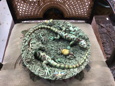 Lot 686 - Late 19th century Portuguese Palissy glazed pottery dish decorated with lizards and insects, impressed mark 32 cm diameter