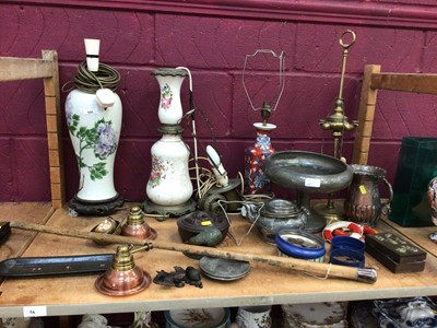 Lot 666 - Sundry items, including lamps, silver topped cane, coins, etc