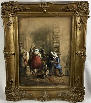 Lot 145 - Attributed to Samuel Prout (1783-1852), watercolours, Peasant women collecting water from a well, 
in gilt frame. 28 x 20cm.