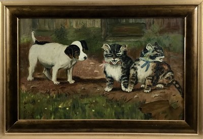 Lot 139 - May Egdell, oil on canvas, A puppy and two kittens, signed, in gilt 
frame. 25 x 40cm.
