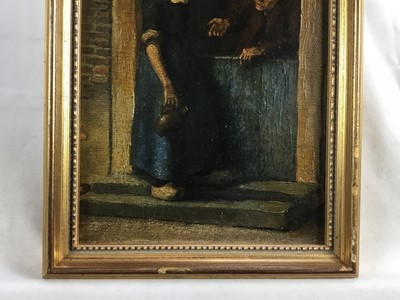 Lot 143 - Dutch School 19th Century, oil on canvas laid on panel, A peasant girl and a man at a cottage door, in gilt frame. 22 x 15cm.