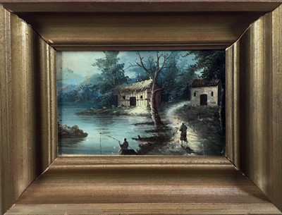 Lot 234 - Chinese School early 20th century, oil on board, A river scene with fishermen by shacks, 
in gilt frame. 14 x 22cm.