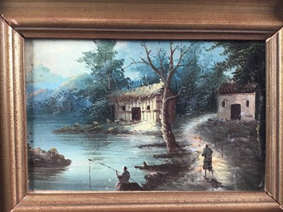 Lot 234 - Chinese School early 20th century, oil on board, A river scene with fishermen by shacks, 
in gilt frame. 14 x 22cm.
