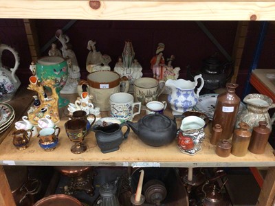 Lot 675 - Group of antique ceramics, including a Cyples basalt teapot and other basalt, Staffordshire figures, a Mariners Arms mug, silver lustre satyr jug, etc