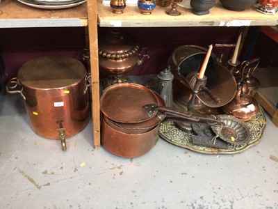 Lot 676 - A good group of antique copper, brass and metal wares, including copper urns, saucepans, coal scuttle, kettles, etc