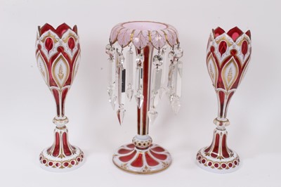 Lot 23 - 19th century Bohemian cut glass lustre and similar pair of vases