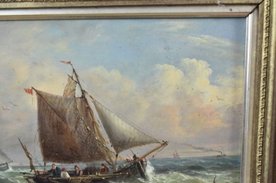 Lot 1188 - John Moore of Ipswich (1820-1902) oil on panel - vessels at sea, signed, 22cm x 39cm, in gilt frame