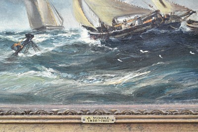 Lot 882 - Manner of John Moore of Ipswich (1820-1902) oil on canvas - vessels off the coast, signed, 23cm x 30.5cm, in gilt frame
