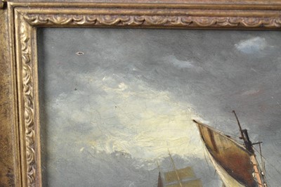Lot 882 - Manner of John Moore of Ipswich (1820-1902) oil on canvas - vessels off the coast, signed, 23cm x 30.5cm, in gilt frame