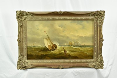 Lot 1190 - John Moore of Ipswich (1820-1902) oil on panel - vessels in squally seas, signed and dated 1899, 30cm x 51cm, in gilt frame