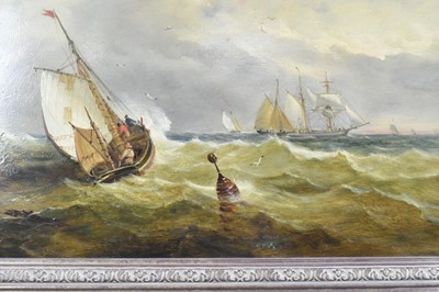 Lot 1190 - John Moore of Ipswich (1820-1902) oil on panel - vessels in squally seas, signed and dated 1899, 30cm x 51cm, in gilt frame