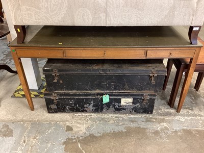 Lot 1157 - Continental brass mounted mahogany library table with three drawers on square taper legs, 153cm wide, 84.5cm deep, 74cm high