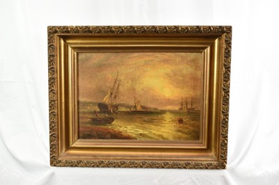 Lot 1191 - John Moore of Ipswich (1820-1902) oil on canvas - shipping at dusk, signed, 28cm x 38cm, in gilt frame
