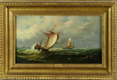 Lot 1192 - John Moore of Ipswich (1820-1902) oil on panel - vessels at sea, apparently unsigned, 21.5cm x 39.5cm, in gilt frame