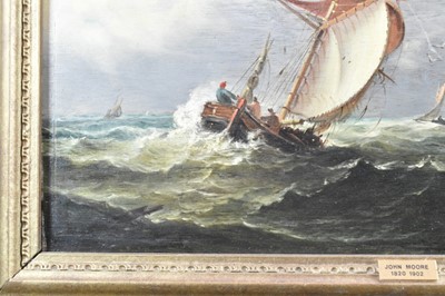 Lot 1192 - John Moore of Ipswich (1820-1902) oil on panel - vessels at sea, apparently unsigned, 21.5cm x 39.5cm, in gilt frame