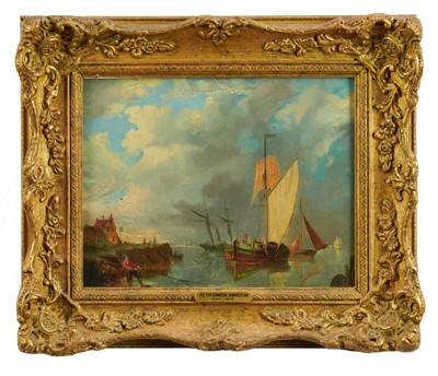 Lot 1176 - Attributed to Pieter Cornelius Dommerson (1834-1908) oil on panel - fishing boats at anchor, 19.5cm x 25.5cm, in gilt frame