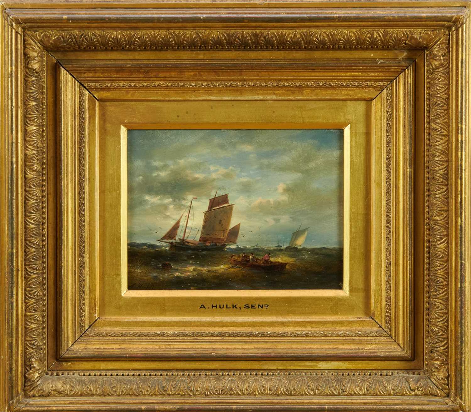 Lot 916 - Abraham Hulk Snr. (1813-1897) oil on panel - vessels at sea, signed, 15.5cm x 20.5cm, in gilt frame