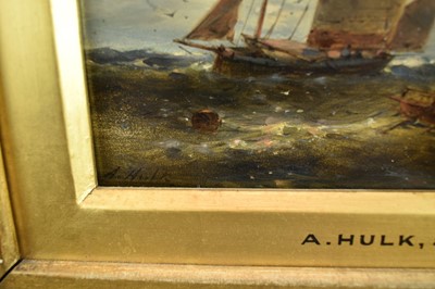 Lot 916 - Abraham Hulk Snr. (1813-1897) oil on panel - vessels at sea, signed, 15.5cm x 20.5cm, in gilt frame