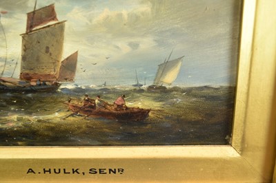 Lot 916 - Abraham Hulk Snr. (1813-1897) oil on panel - vessels at sea, signed, 15.5cm x 20.5cm, in gilt frame