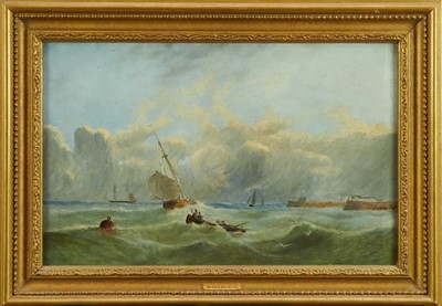 Lot 1181 - William Pye, 19th century, oil on board - Portsmouth Harbour, signed, further signed, titled and dated 1873 verso, 30.5cm x 48cm, in gilt frame