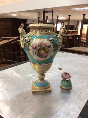 Lot 687 - 19th century twin-handled English porcelain vase, painted with panls of fruit and flowers on on a light blue ground, cover broken, 26cm high without cover