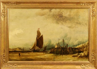 Lot 1182 - Richard Henry Nibbs (1816-1893) oil on canvas - Off Purfleet, River Thames, signed, 81cm x 92cm, in gilt frame, remnants of label verso 
Exhibited: Royal Academy 1852, No. 118