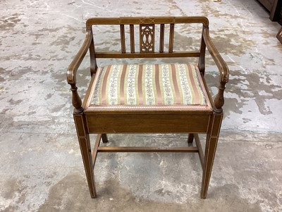 Lot 1170 - Edwardian inlaid mahogany piano stool with padded rising seat on square taper legs joined by stretchers, 54cm wide, 40cm deep, 74cm high